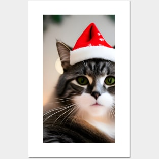 Cat with Christmas Hat Posters and Art